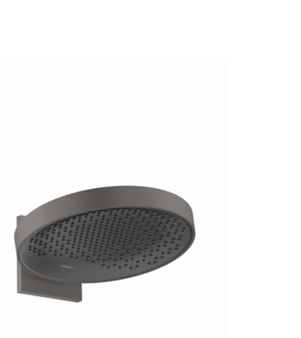 Hansgrohe Kopfbrause mit ovaler Form und Wandanschluss in Brushed Black Chrome. Die Brause hat eine perforierte Fläche zur Wasserverteilung.